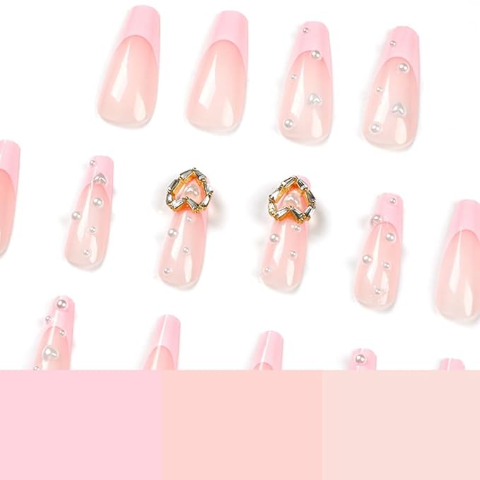 Pink French Tip Press on nails Long Coffin Fake Nails Acrylic Nails with Love Nail Charms Design Fashion Romantic Pearl Valentine's Day Nail Decoration for Nails for Women and Girls 24 Pcs