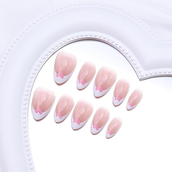 24Pcs White French Tip Press on Nails Short Almond Fake Nails Valentines Press ons Pink Heart Glue on Nails Nude Pink Acrylic Nails French Tip False Nails Valentines Stick on Nail for Wedding Manicure