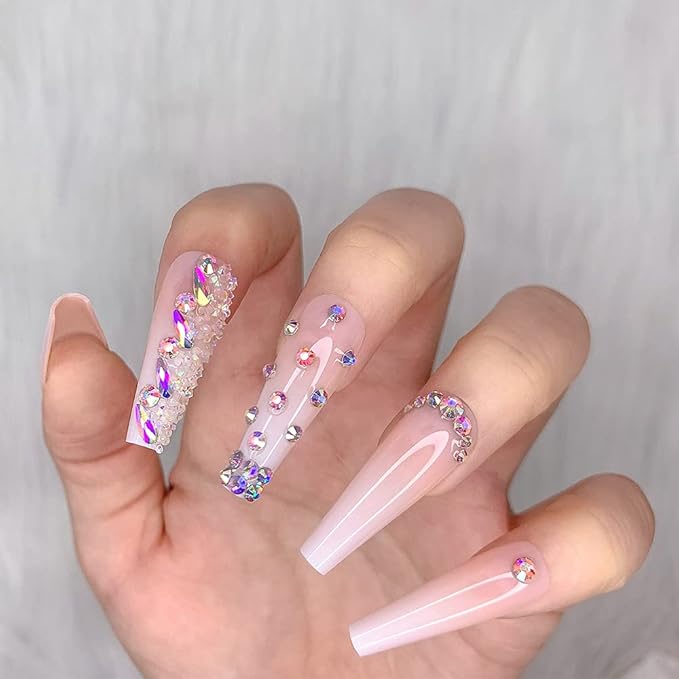 Artquee 24pcs French Nude White Ballerina Water Droplets Drill Flash Diamond Long Glossy Coffin Fake Nails Press on Nail False Tips Manicure for Women