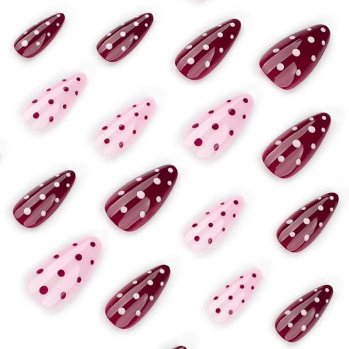 Polka Dot Press on Nails Medium Almond Fake Nails Pink False Nails Press ons with Designs Acrylic Glossy Full Cover Cute Glue on Nails Reusable Artificial Stick on Nail for Women Manicure 24 Pcs