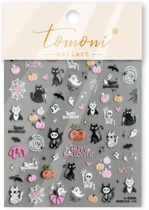 Halloween Nail Stickers 5D Embossed Ghost Nail Supplies 3D Self-Adhesive Pumpkin Nail Decals Cat Nails Designs Spider Web Skeleton Nails Decoration Accessories for Women Girls DIY Manicure 1 Sheet