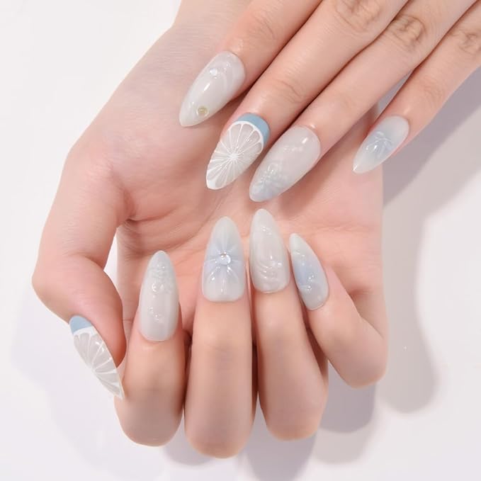 evpct Spring & Summer Press on Nails Medium Almond, Pearl White Blue Fake Nails Press ons 3D Lemon Design, Light Weight Perfectly Fit Fake Nails for Women, Fake Nail Kit with Kits Gel, 24Pcs