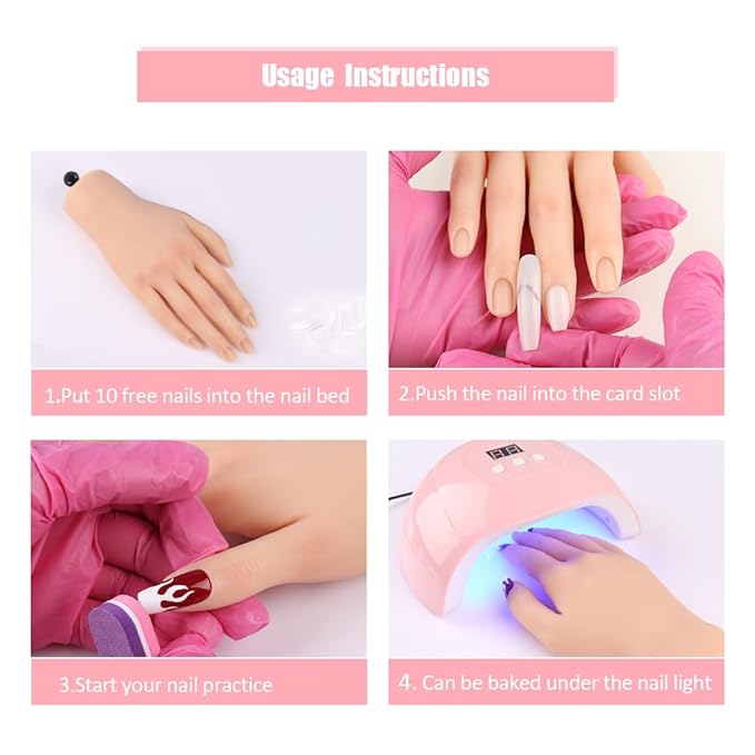 Nail Pratice Training Hand for Acrylic Nails with Stand Bracket,Soft Silicone Maniquin Hand, Flexible Bendable Nail Practice Fake Hand for Nails Art Practice Tool