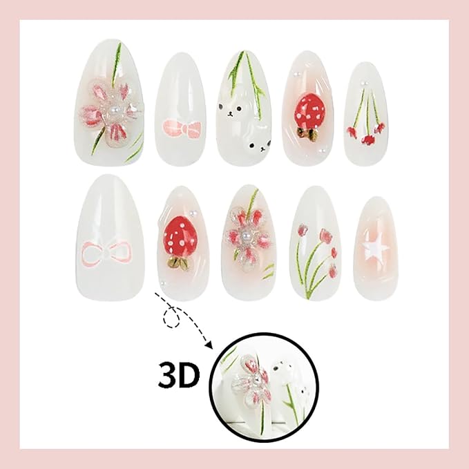30Pcs Cute Press on Nails Medium Almond Fake Nails 3D Pearl Design Pink Flower Glue on Nails Easter Acrylic Nails Bunny False Nails Star Strawberry Bow Artificial Stick on Nails for Women Manicure