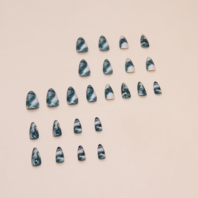 Press On Almond Medium Green False Nails with Gradient Marble Design - Glossy Acrylic Full Cover Glue on Nails - 24 Pcs