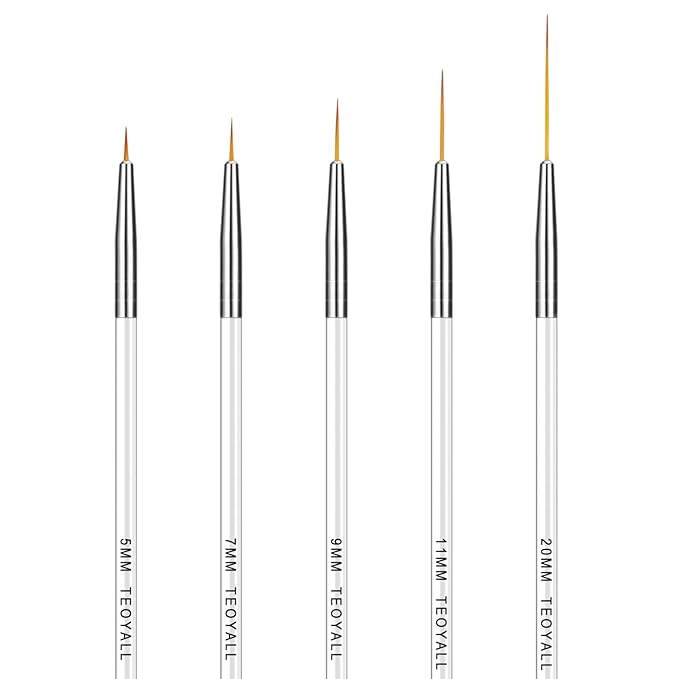 TEOYALL Fine Liner Brush, Nail Art Striping Brushes 5/7/9/11/20mm Thin Line Nail Brush Detail Drawing Brush Gel Nail Polish Brush