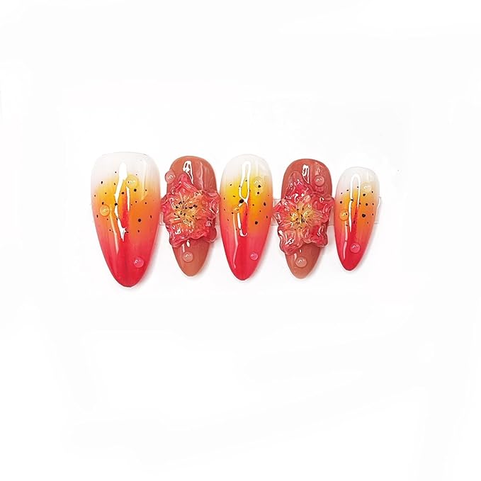 Gradient Medium Almond Press on Nails with 3D Pink Flower Embossed Fake Nails Muti-Layer Gel Handmade Press on Nails Thick Fake Nails Glossy Acrylic Nails for Women Nail Art Manicure (Size M)