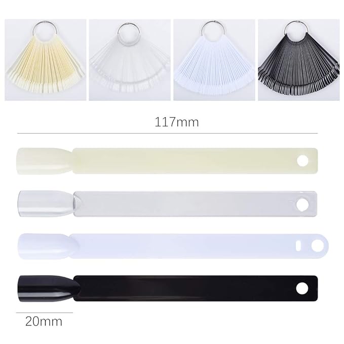 200 Pcs False Nail Sticks with Display Board - Fan-shaped, Transparent, Black, Natural, Milky Color Options - Includes Square Nails
