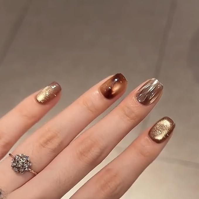 Fall Winter Press on Nails Short Square Fake Nails Cat Eye Nails Press ons with Amber,Silver Design Full Cover Stick on Nails for Small Nail Beds,Reusable | Glue Tabs | Easy Apply | 24Pcs