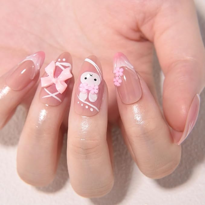 Pink Cute Bunny Teens Press On Nails Medium Almond Fake Nails for Girls With 3D Flower Bow Tie. French Tip Acrylic False Nails. Salon Quality Reusable Nails for Women Gift. 15Size - 30Pcs