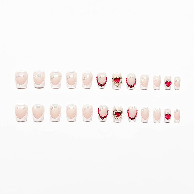 RTKHFZE Coffin Press on Nails Short Square Fake Nails White French Tip Glue on Nail False Nails with Red Heart Rhinestones Designs Acrylic Glossy Artificial Nail for Women 24Pcs