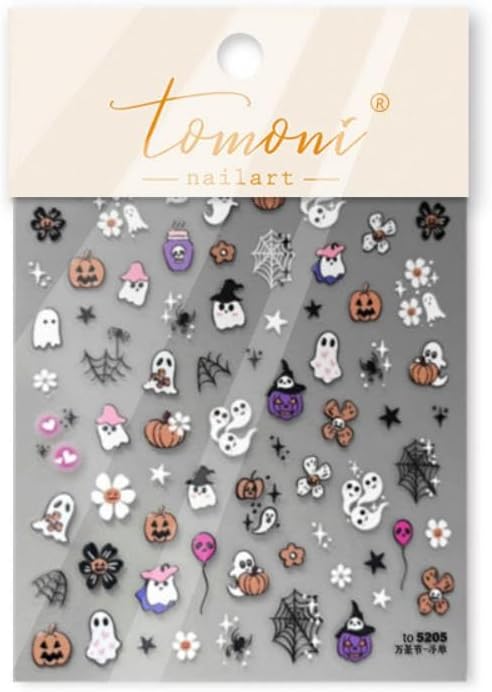 Halloween Nail Stickers 5D Embossed Cute Ghost Nails Designs Flower Nail Supplies 3D Self-Adhesive Colorful Spider Web Nail Decals Balloon Nail Art Decoration for Women Girls DIY Manicure 1 Sheet
