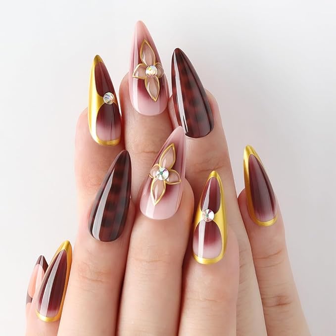 evpct Handmade Press on Nails Medium Almond, Mauve Artificial French Tip Fake Nails Kit with Gold Line & 3D Flower & Rhinestones Design, Stick on Nails with Nail Kit, 24Pcs Reusable Stick on Nail Kit