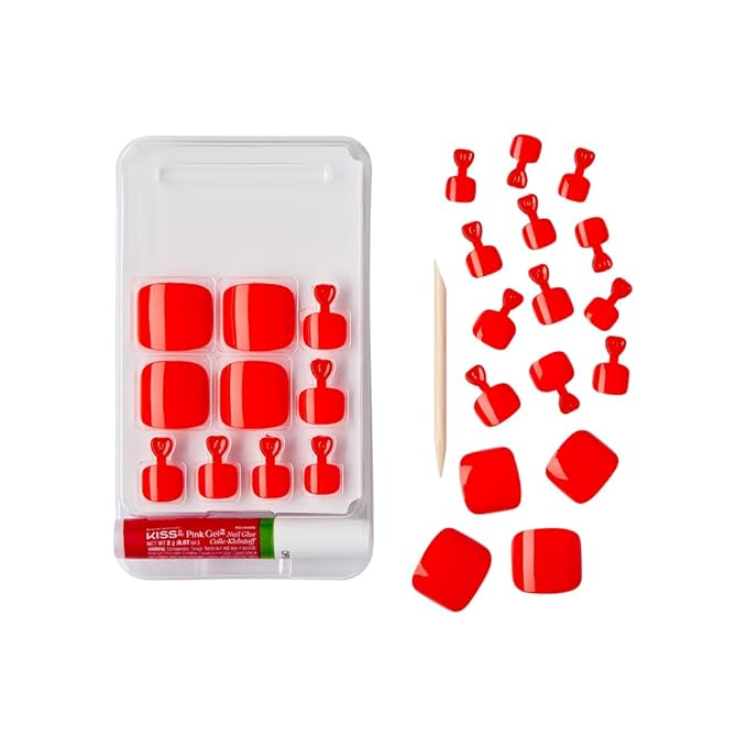 GoldFinger Press On Toenails Kit Wider Fit, Bold Glossy Red Color Toenail, Ready to Wear Gel & Manicure Stick, 2g Glue included, Long-Lasting Convenient & Easy to Apply
