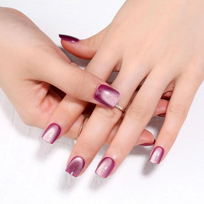 Purple-White Shift Press on Nails Short Square, Cat Eye Press on Nails, Fashion Gel Fake Nails, Reusable Acrylic Fake Nails, Glossy Stick on Nails for Women, Glue on Nails Kit, Mystic Rose