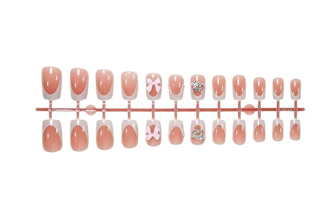 Bow Press on Nails Short Square Fake Nails Cute False Nails Press ons with Bow,Star Design Full Cover Glossy Glue on Nail Stick on Nails for Women Manicure,Reusable | Easy Apply | Acrylic | 24 Pcs