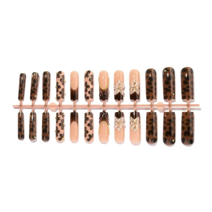 Square Press on Nails Long Brown Fake Nail Embossed Acrylic Nail Press ons With 3D Flower DesignStick on Nails for Women 24pcs