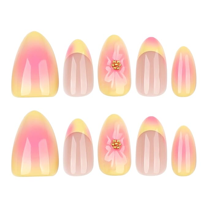 Summer Press on Nails Short Almond Fake Nails Cute Yellow Pink Nails Press ons with Flower Design Full Cover Stick on Nails for Women Manicure,Reusable | Nail Sticky Tabs | Easy Apply | 24Pcs