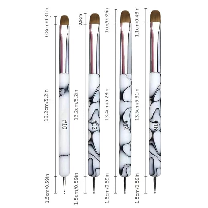 4Pcs French Tip Brush, Double-Ended French Brushes for Nails with Dotting Tool, Clean Up Brush for Gel Nail Polish, Size 10/12/14/16, Acrylic Nail Art Brushes, Manicure Tools for Nail Design-White
