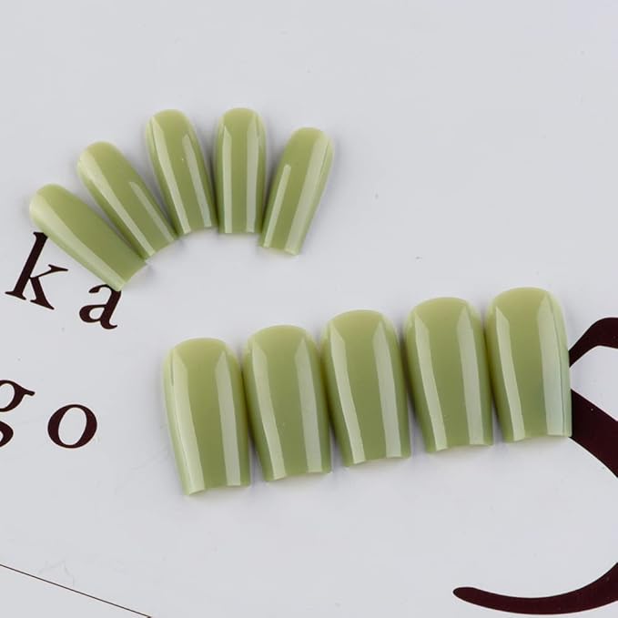 KQueenest Olive Green Press on Nails Long Medium Square, Sage Green Fake Nails Medium Coffin, Glossy Sheer Color Acrylic Nails Press ons, Reusable Soft Gel Glue on Nails for Women Fall Winter
