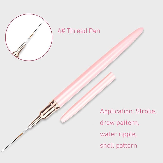 5Pcs Metallic Nail Art Liner Brush Set, UV Gel Polish Painting Tools for Long Lines, Thin Details, Fine Drawing, Sizes 4/8/12/20/25mm (Pink)