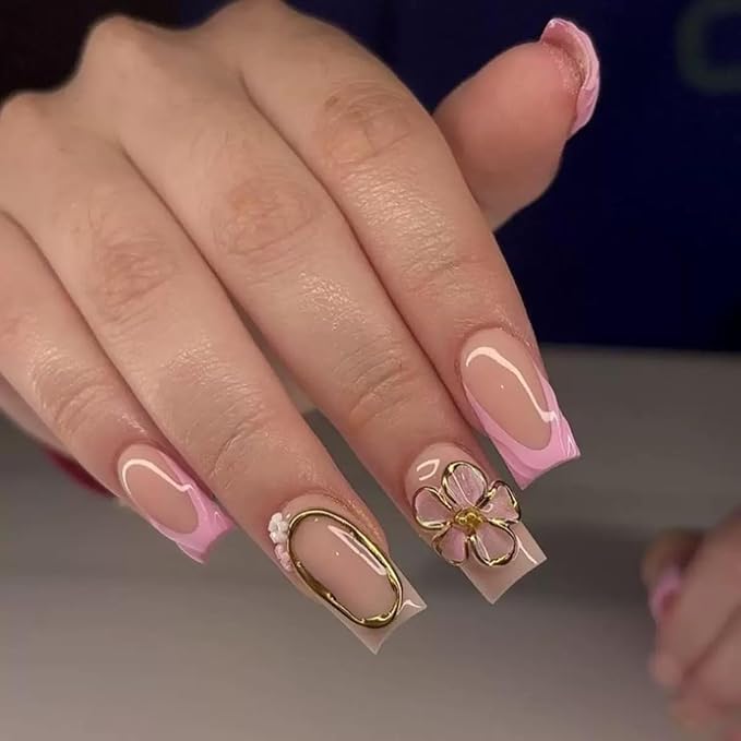 Medium Press on Nails Square - Pink French Tip Fake Nails - Flower, Gold Line Design False Nails Press ons - for Women 24 Pcs
