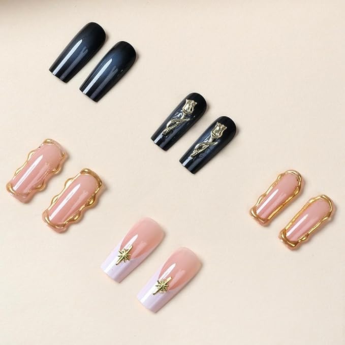 French Tips Press-On Nails Medium Square 24Pcs with Gold Flower Charm Design 3D Gold Chrome Glossy Summer False Nails