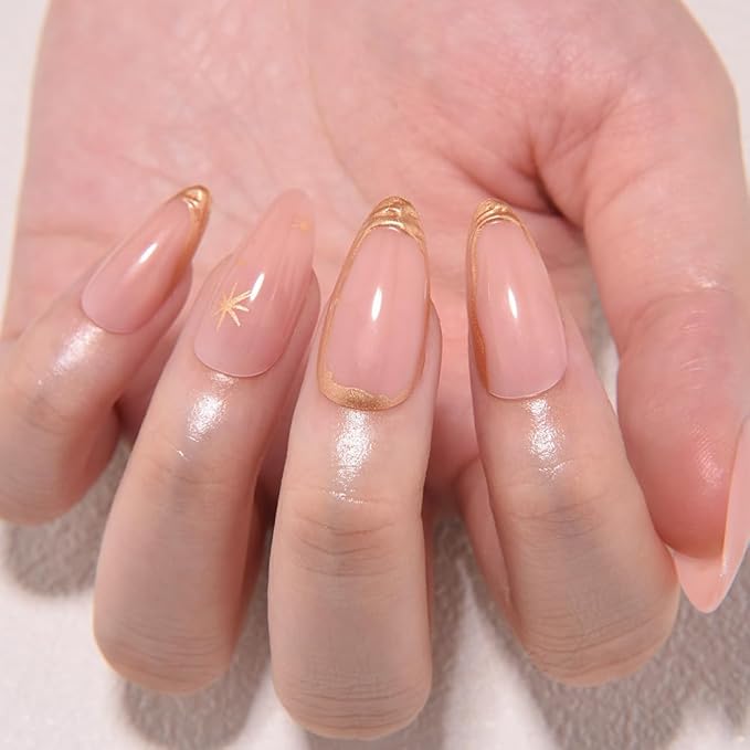 evpct Gold French Tip Press on Nails Almond Medium, Nude Pink + Gold Line Tips, Stick on Nails Medium Almond for Women, Full Cover Perfectly Fit Handmade Soft Gel Artificial Fake False Nail Kit