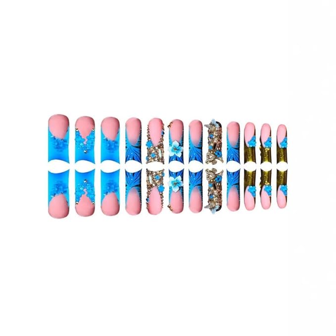 Long Square Press on Nails - Blue French Tips Fake Nails - 3D Flower Charm Design Gold Rhinestones False Nail Glossy Skin Tones Stick on Nails Cute Zebra Glue on Nail for Women Manicure 24Pcs