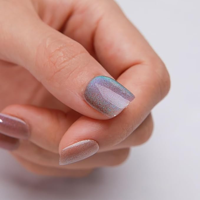 Spring Press on Nails Short Square Four-Color Combination Cat Eye Press on Nails Fashion Gel Fake Nails, Reusable Acrylic Fake Nails Glossy Stick on Nails for Women Glue on Nails Kit, Iridescent Jewel