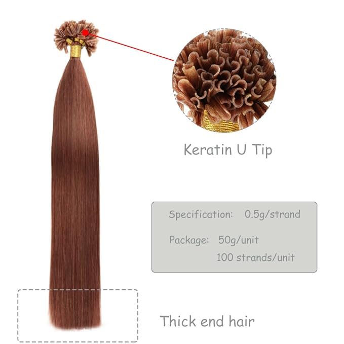 Curlable U-tip Human Hair Extensions 33# Copper Brown Keratin Nail Tip Hair Extension 100 Strands 0.5g/strands Straight Brazilian Remy Hair 16 Inch (40cm)