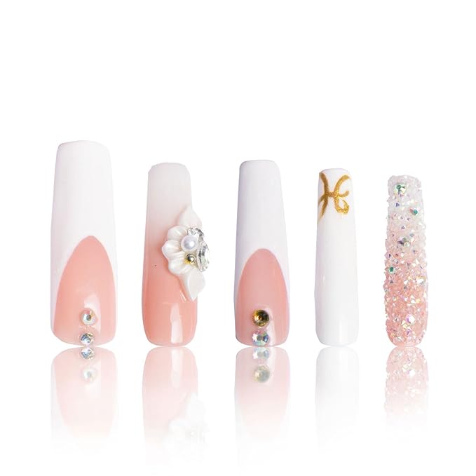 LOVFUL Press on Nails Only You French Tip| Handmade with Full Covered Crystals| Reusable Fake Nails| Square Mid length 1.7in| H97-S