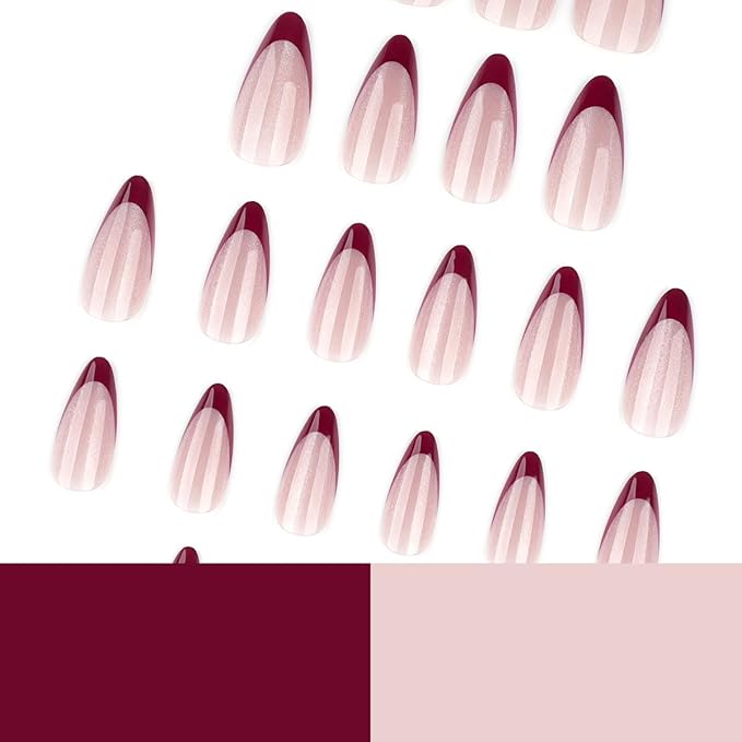 Red French Tip Press on Nails Medium Almond Fake Nails Cat Eye Nails Press ons with Design,Reusable & Easy Apply Full Cover Stick on Nails for Women Valentines Manicure 24Pcs