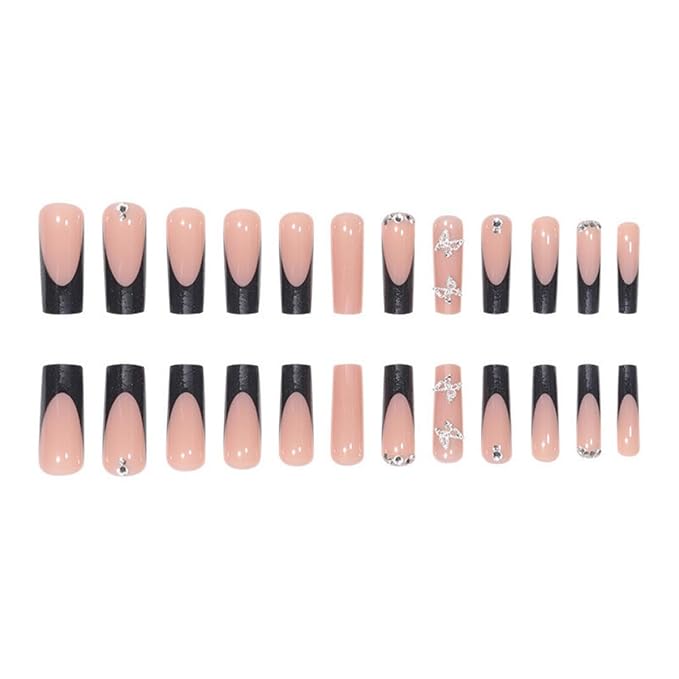 Black French tips Press on Nails Long Square Fake Nails with Silver Bow Charms Design Glitter Glue on Nails Rhinestone False Nails Glossy Reusable Fingernails for Women Girls Manicure 24pcs