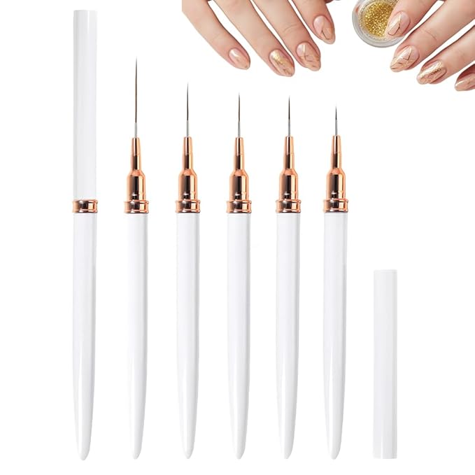 Metallic Nail Art Pens, 2026 New Liner Brushes Set, 5PCS Black Color Nail Tools For Long Lines, Fine Drawing, Liner Brush UV Gel Polish Painting Nail Design Sizes 6/9/11/16/24mm (White)