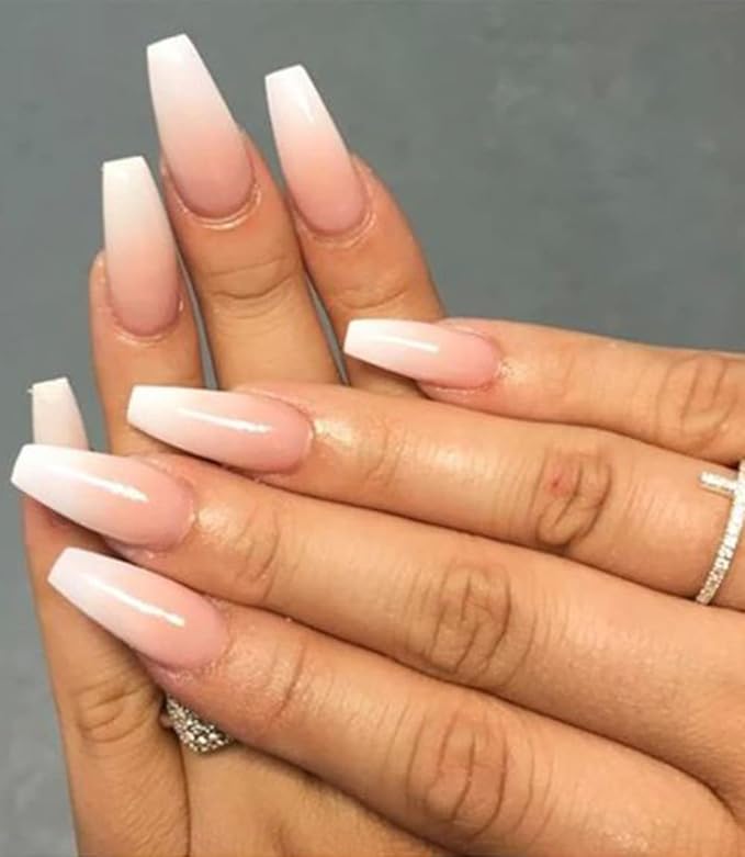 Morily Press on Nails - Pink Ombre Coffin Fake Nails Medium Length, French Tip Glossy False Stick on Fingernails for Women - 24Pcs in 12 Sizes