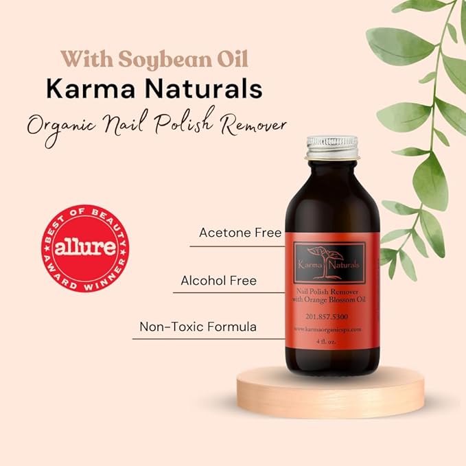 Karma Organic Nail Polish Remover with Soybean Oil and Orange Blossom Oil- Non Toxic, Vegan, Cruelty Free, Acetone Free – Nails Strengthener for Fingernails – 4 fl. Oz