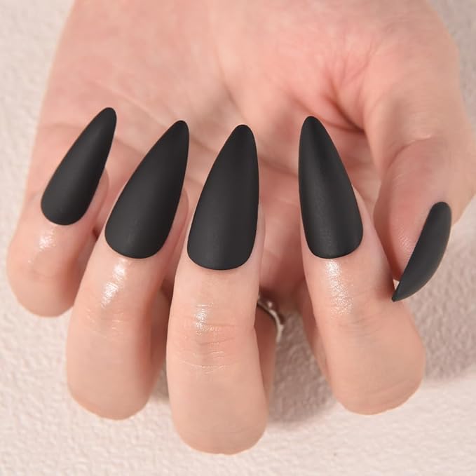 evpct Black Matte Press on Nails Medium Almond, Matte Black Fake Nails False Nail Pure Color with Kit, Salon Quality Soft Gel Stick on Acrylic False Soft Nails Reusable Full Cover for Women Manicure