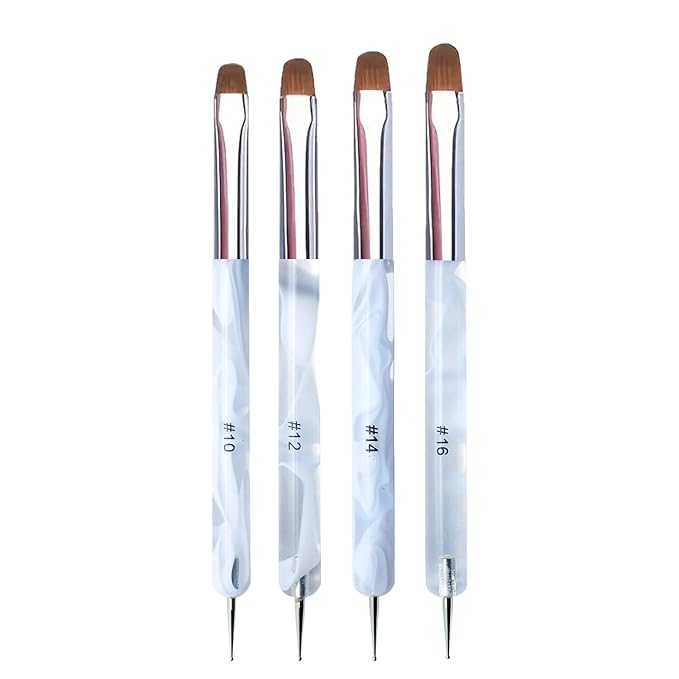 4Pcs French Tip Brush, Double-Ended French Brushes for Nails with Dotting Tool, Clean Up Brush for Gel Nail Polish, Size 10/12/14/16, Acrylic Nail Art Brushes, Manicure Tools for Nail Design-Silver