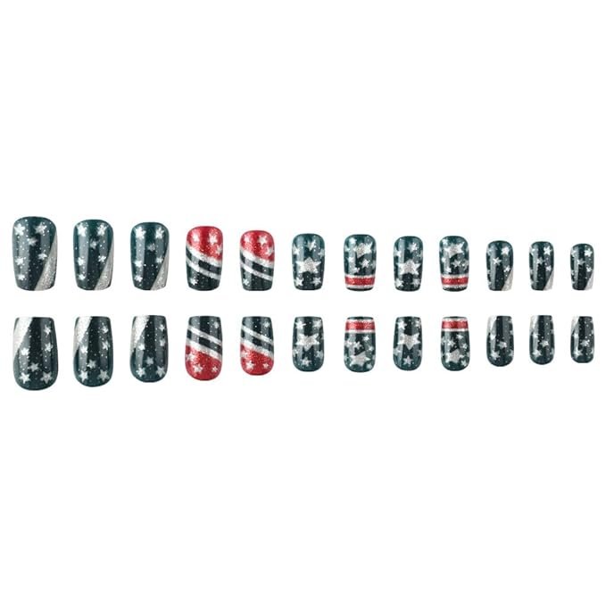 24Pcs Short Press on Nails Independence Day Nails Press ons Square Fake Nails with Glitter & Stripe Designs Full Cover Stick on Nails Patriotic False Nails for Women 4th of July