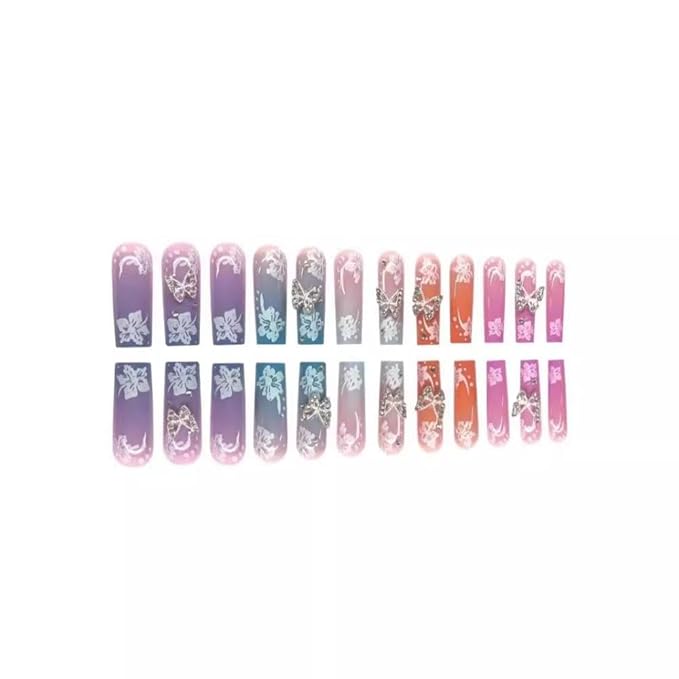 48Pcs Colorful French Tips Press on Toenails White Flower Press on Nails Long Square False Nails with Butterfly Charm Design Pearl Fake Toenails Glossy Summer Fake Nails for Women Girls DIY Manicure