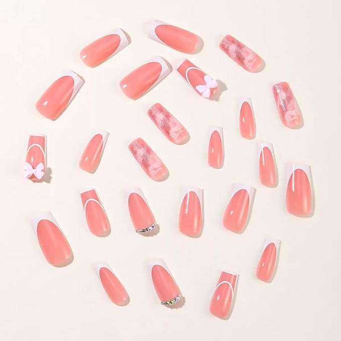 Square Press on Nails Medium - White French Tip Fake Nails with Glitter Design - Rhinestone, Bow False Nails Press ons - for Women 24 Pcs