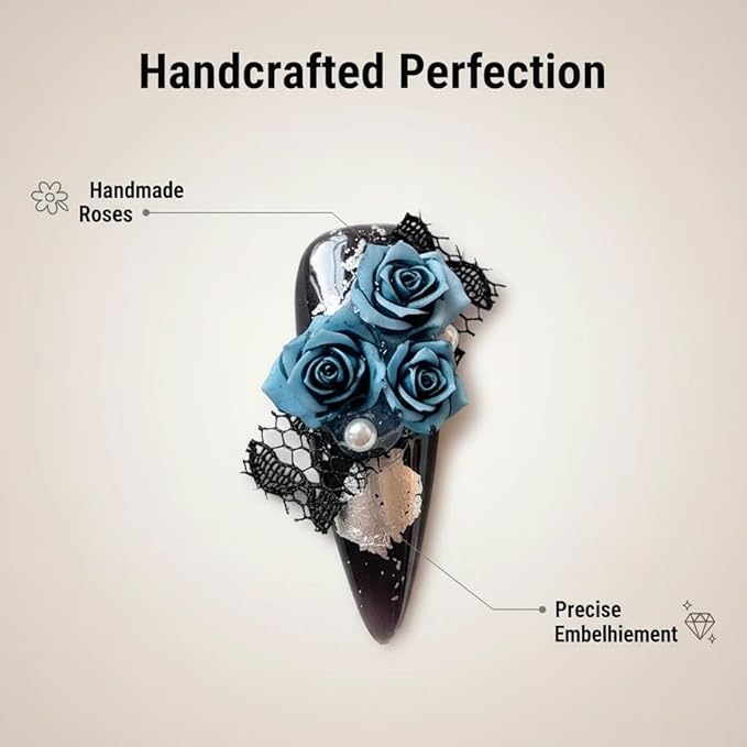 10pcs Handmade Press on Nails Long Stiletto False Nails Black Fake Nails with 3D Blue Flower Rhinestones Bow Designs Sparkly Charm luxury Artificial Nails Reusable for Women (Size M）
