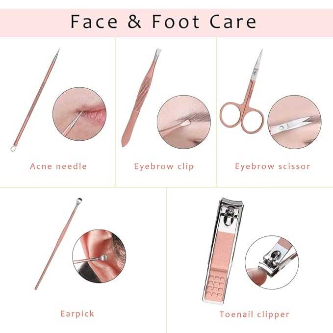 Pink Manicure Set Beauty Tool Portable 12 in 1 - Nail Clipper Pedicure Grooming Kit Stainless Steel Luxury Leather Travel Case, for Woman Girl Home Travel Gift Giving