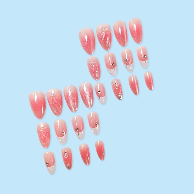 Almond Press on Nails Short Pink Fake Nails Cat Eye False Nails Finish Cute Glue on Nail French Tip Acrylic Nails Bow full Cover Stick on Nail for Women Manicure Nail Decoration 24Pcs