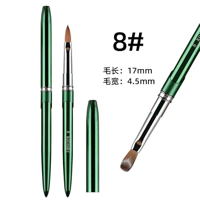 Nail Art Brushes Acrylic Nail Brushes Pure Kolinsky Hair Acrylic Crystal Chrome Green Handle with Silver Ferrule Round Shaped for Women Girls Manicure Tools Accessories- Size 8