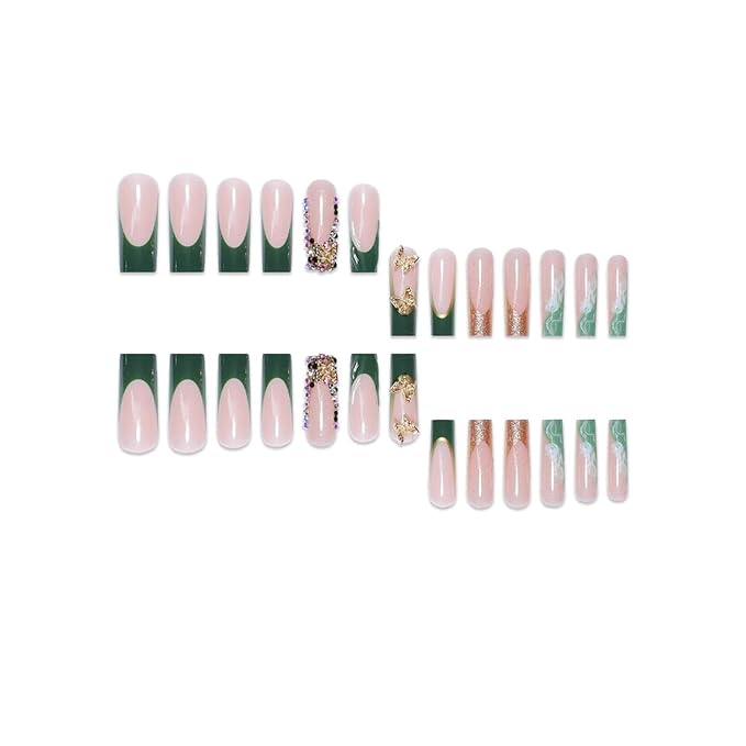 Press on Nails Coffin Long Length Acrylic Glossy Full Cover Square Shaped French False Nails with Designs Artificial Extra Long Fake Nails with Charms Glue ons Fingernails for Women(XXS249)