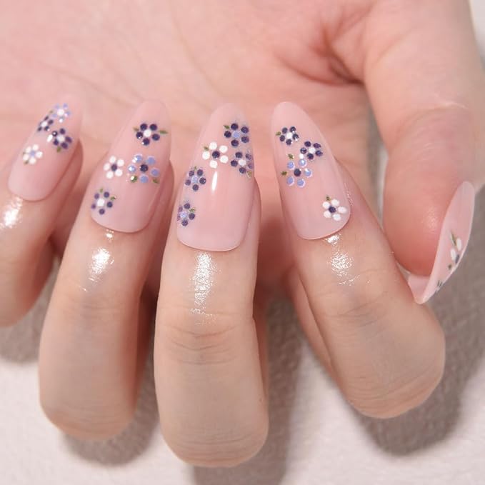 Spring Summer Purple White Floral Press On Nails Medium Almond Fake Nails, Salon Quality Reusable Acrylic Nails for Women & Girls, DIY Nail Art Gift Kit - 30 PCS 15 Sizes