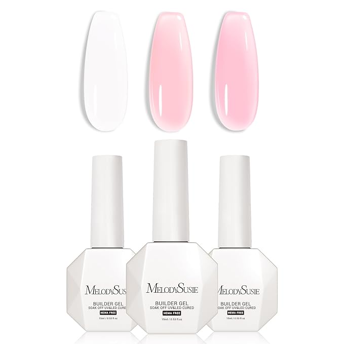 MelodySusie Hema Free Builder Gel Set for Nails Thickening, White and Pink, 3PCS 0.5 Fl Oz, Tpo Free, Soak Off UV Extension Gel, Nail Art Design Salon DIY Manicure at Home for Women