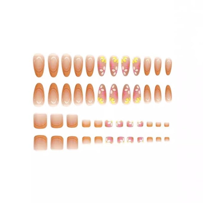 48Pcs Flower Press on Toenails Medium Almond Press on Nails Orange French Tip Fake Nails with Curve Design Glossy Summer False Nails Cute Reusable Daisy Stick on Toenails for Women Girls Manicure